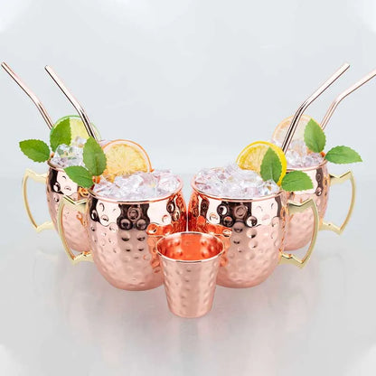 Moscow Mule Mug Set with Straw Copper Plated Hammered 350ml - 304 Stainless Steel Mini Cups with Gift Box for Bar and Home