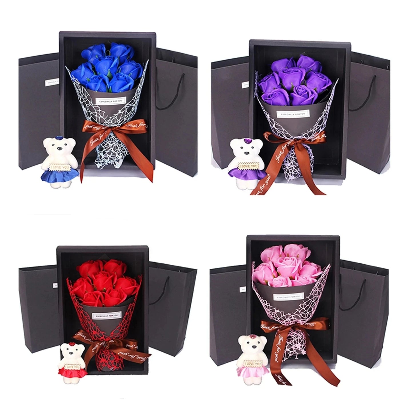 1Pc Handmade 7 Rose Soap Bouquet Little Bear Gift Box Creative Valentine's Day Mother's Day Birthday Party Rose Flower Gifts