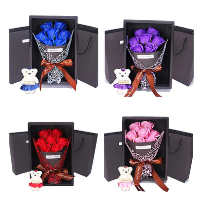 1Pc Handmade 7 Rose Soap Bouquet Little Bear Gift Box Creative Valentine's Day Mother's Day Birthday Party Rose Flower Gifts