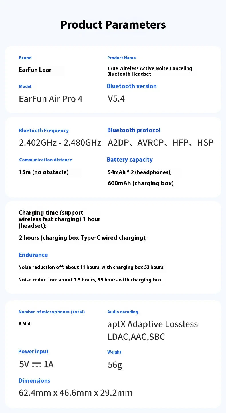 EarFun Air Pro 4 Wireless Earphone HI-FI Bluetooth5.4 Earphones Active Noise Reduction IPX5 Waterproof E-sports PC Gamer Earbuds