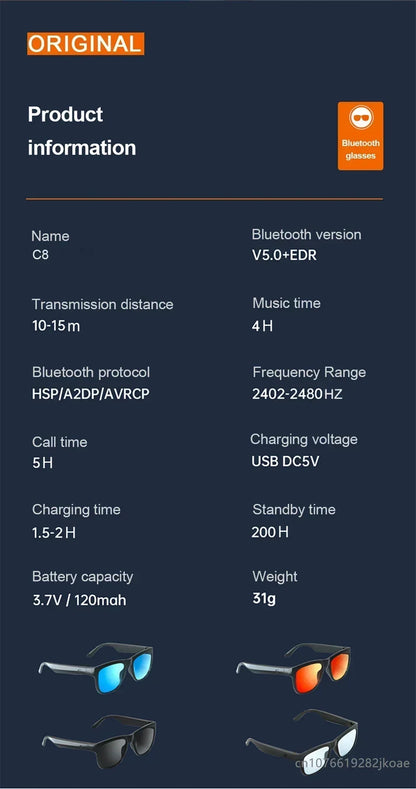 Original Lecoo C8 Glasses Earphones Wireless Bluetooth 5.0 Sunglasses Outdoor Sport Cycling Earbuds HiFi Stereo Music Headphones