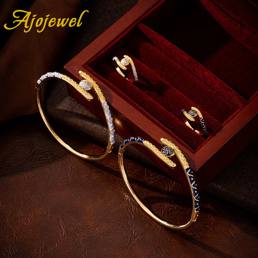 Ajojewel Golden Dubai Bride Jewelry Set Blue Enamel Bangle Ring Adjustable Bangles For Woman 2024