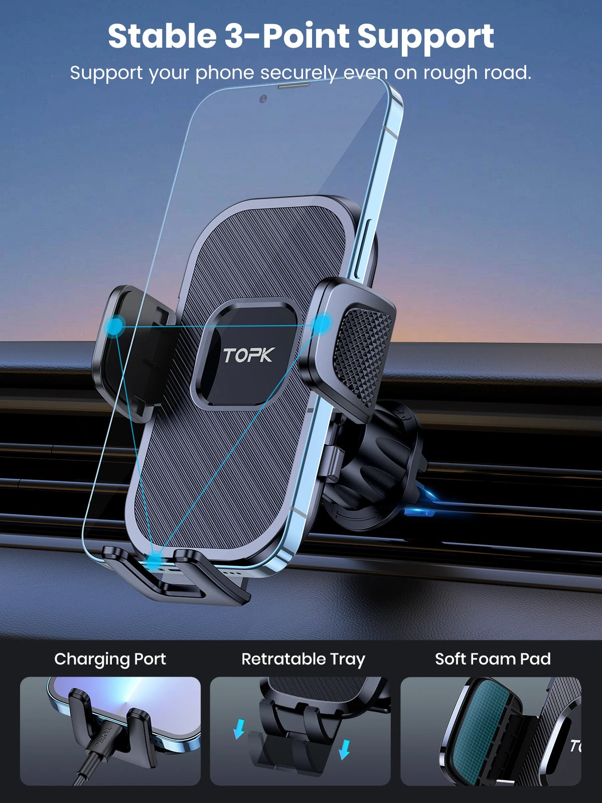 TOPK Car Phone Holder Air Vent Car Mount [Big Phone & Thick Cases] Hands Free Cell Phone Automobile Clamp Cradles for All Phones