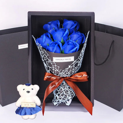 1Pc Handmade 7 Rose Soap Bouquet Little Bear Gift Box Creative Valentine's Day Mother's Day Birthday Party Rose Flower Gifts