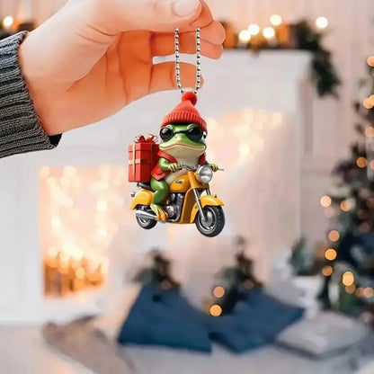 Frog Pendant Festive Christmas Frog Ornament Cartoon Frog Riding Motorcycle with Santa Hat Acrylic Xmas Tree Hanging for Window