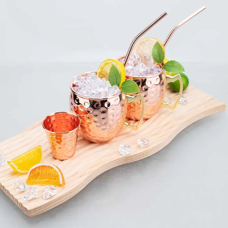 Moscow Mule Mug Set with Straw Copper Plated Hammered 350ml - 304 Stainless Steel Mini Cups with Gift Box for Bar and Home