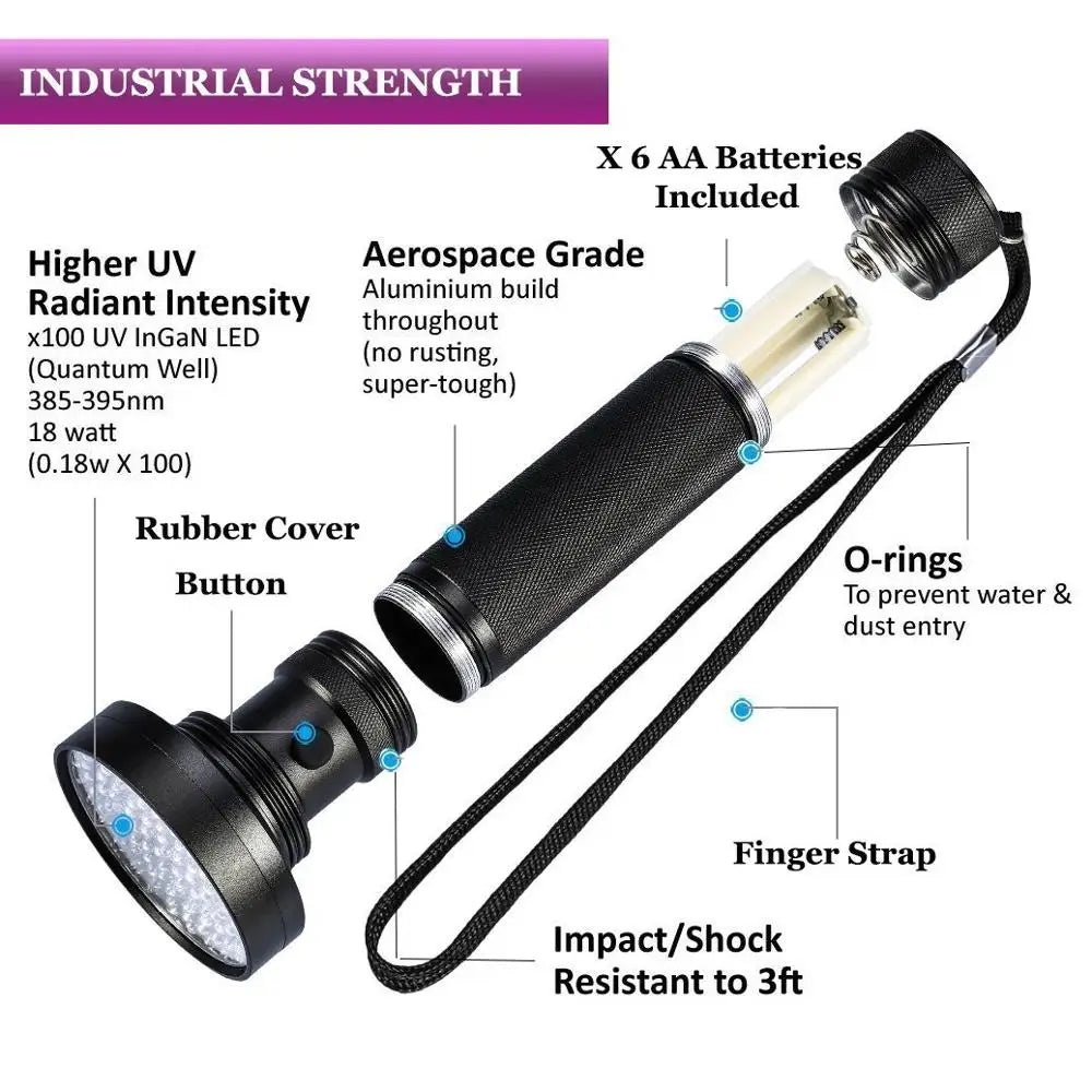 UV Flashlight 100LEDs LGUIY UV Light Torch Lamp 395nm Ultraviolet Blacklight Pet Dog Cat Bug Detector with UV Protection Glasses